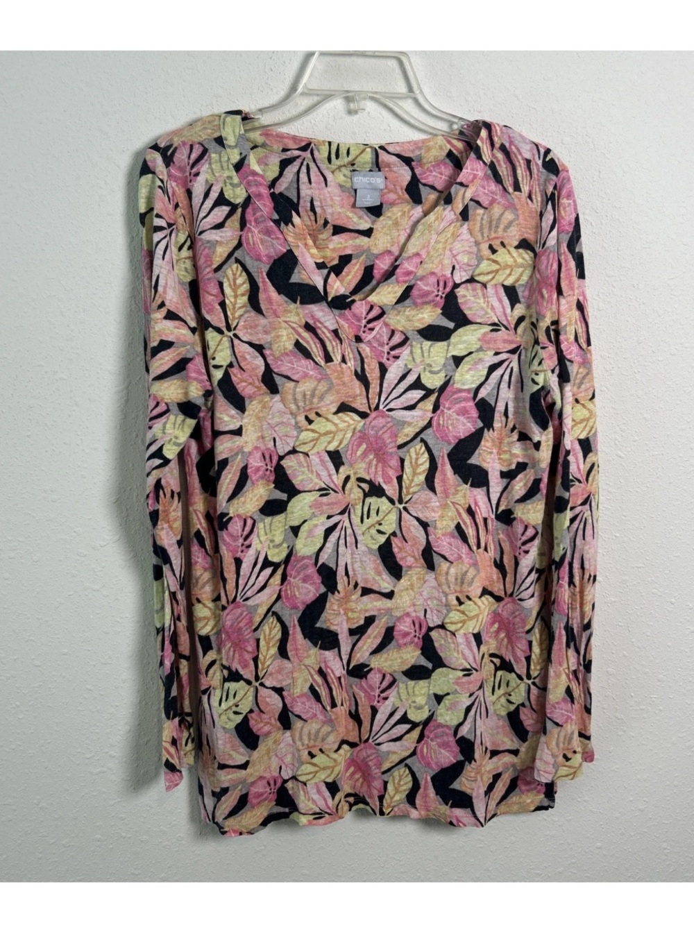 Chicos 100% Linen Tunic Blouse Size 2 Large Floral Tropical Long Sleeve V-Neck
